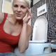 A pretty woman with short, platinum blonde hair takes a shit while standing and bending over a toilet. She shows us the product and mess in the toilet bowl. See movie 10036 for more. About 3.5 minutes.